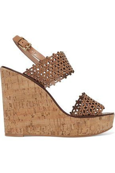 Tory Burch Woman Laser-cut Leather Wedge Sandals Sand