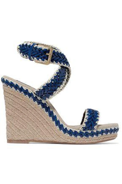 Tory Burch Woman Paloma Leather And Linen Wedge Sandals Bright Blue