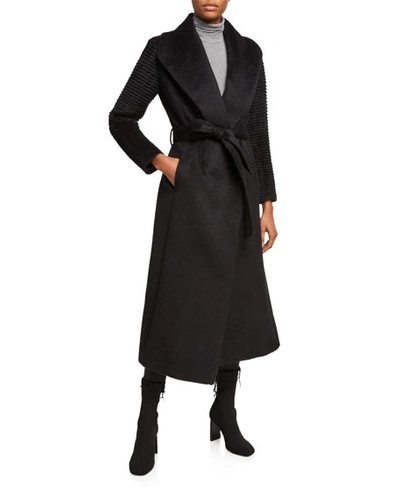 Sentaler Long Wrap Alpaca-blend Coat W/ Ribbed Sleeves In Black