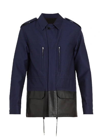 Berluti Contrast Leather Panel Cotton-blend Jacket In Navy-blue