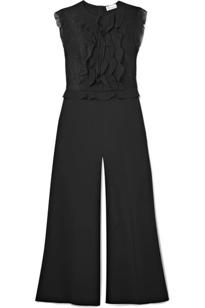 Red Valentino Cropped Point D'esprit, Ruffled Chiffon And Crepe Jumpsuit In Black