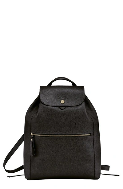 Longchamp Ladies Le Foulonne Black Leather Backpack In Black,silver Tone