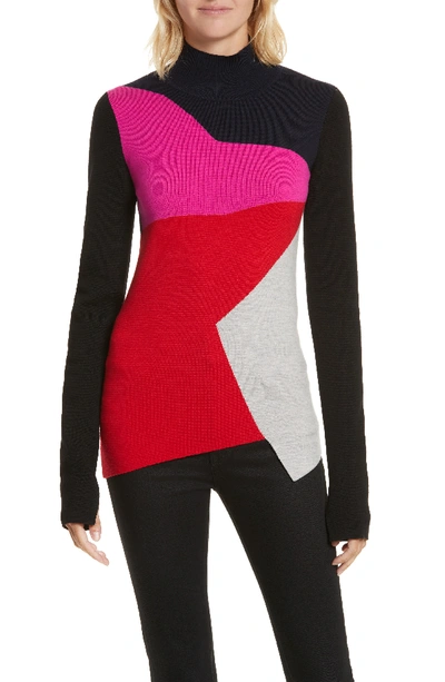 Diane Von Furstenberg Colorblocked Turtleneck Pullover Sweater In Lipstick Multi