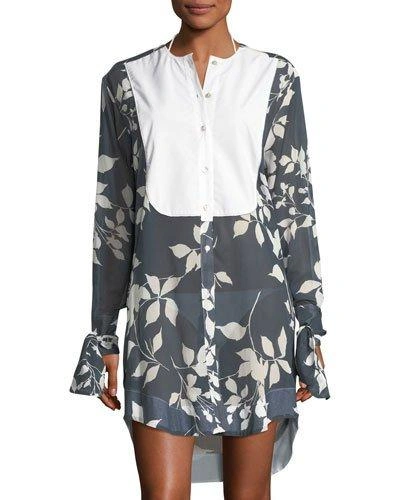 Lila.eugenie Floral-print Mother Of Pearl Button-front Semisheer Coverup Tunic In Multi