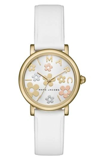 Marc Jacobs Classic Round Leather Strap Watch, 28mm In White/ Gold