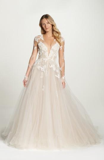 Monique Lhuillier Rachelle Illusion Long Sleeve Princess Gown In