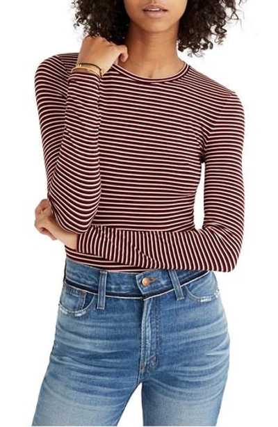 Madewell Stripe Crewneck Thong Bodysuit In Dusty Burgundy