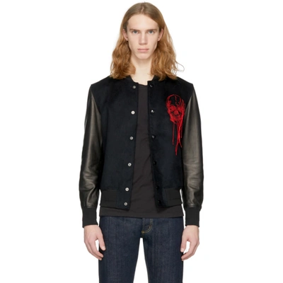 Alexander Mcqueen Skull-embroidered Leather-sleeved Bomber Jacket In Black Red