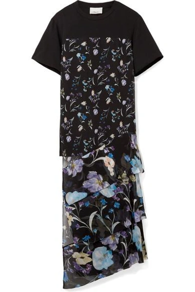 3.1 Phillip Lim / フィリップ リム Cotton-jersey And Floral-print Crinkled Silk-chiffon Top In Black