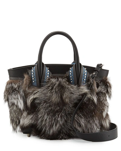 Christian Louboutin Eloise Glitter-trimmed Fox Fur Tote Bag, Gray Pattern