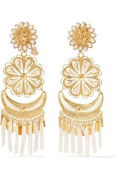 Mercedes Salazar Fiesta Tasseled Gold-plated Pearl Clip Earrings
