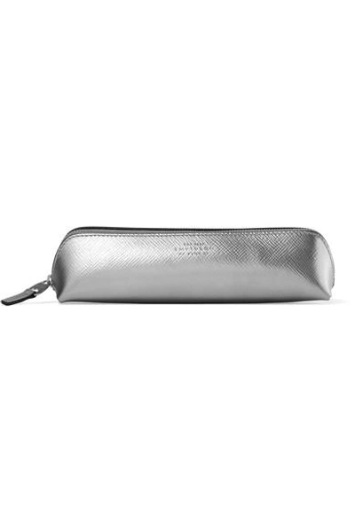 Smythson Panama Metallic Textured-leather Pencil Case In Silver