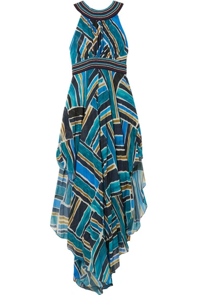 Talitha Sleeveless Halter Painted-print Dress With Handkerchief Hem In Blue