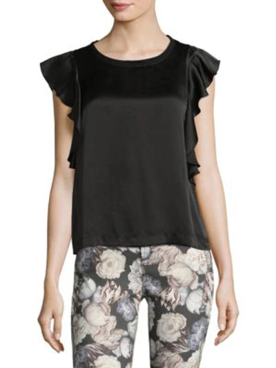 7 For All Mankind Crewneck Satin Side-ruffle Top In Black