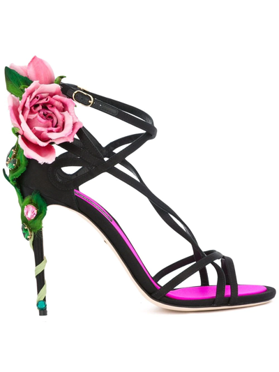 Dolce & Gabbana Embellished Satin Sandals In Nero-ros