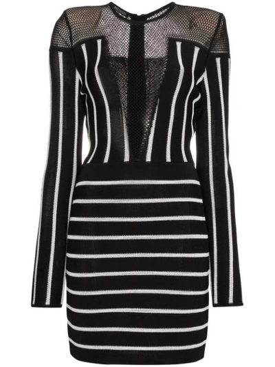 Balmain Woman Mesh-paneled Striped Jacquard-knit Mini Dress Black