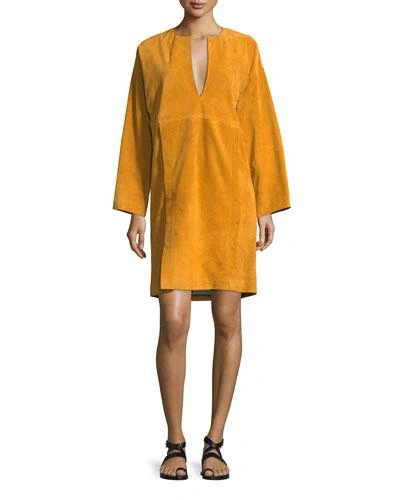 Rosetta Getty Split-neck Long-sleeve Suede Dress In Marigold