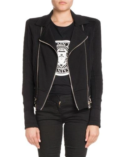 Balmain Zip-front Cotton Moto Jacket In Black