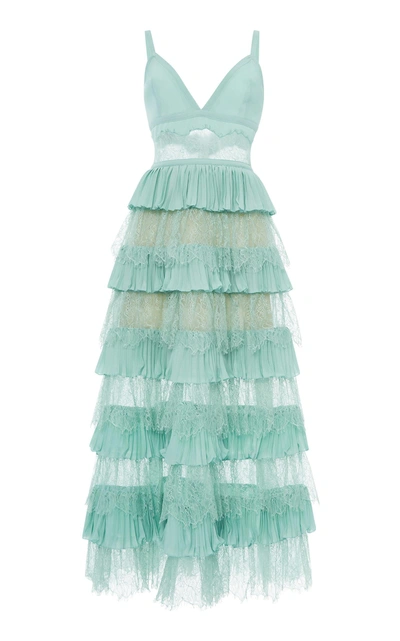 Elie Saab Tiered Pliss-crepe, Tulle And Lace Midi Dress In Blue | ModeSens