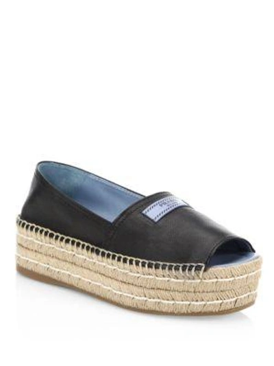 Prada Glace Etiquette Leather Peep-toe Espadrille In Black