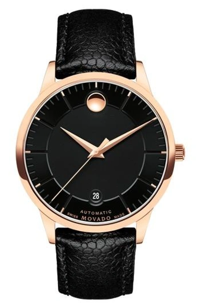 Movado 1881 Automatic Leather Strap Watch, 40mm In Black/ Rose Gold