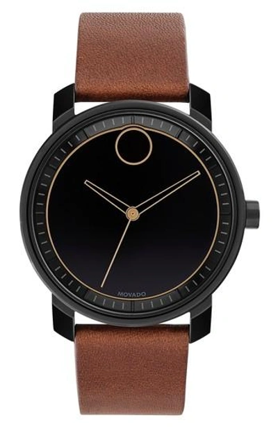 Movado Bold Leather Strap Watch, 41mm In Brown/ Black