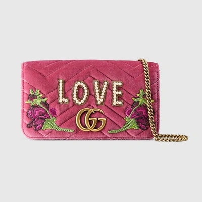 Gucci Small Full Flap Wallet-on-a-chain With Love, Pink In Raspberry Pink
