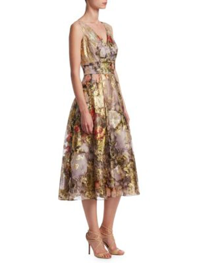 Teri Jon By Rickie Freeman Floral V-neck A-line Midi Cocktail Dress In Multi