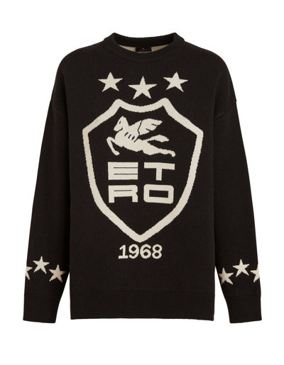 Etro Woman Black Sweater In Jacquard Wool With Pegasus Arms