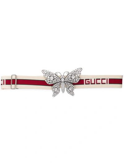 Gucci Elastic Striped Belt W/ Crystal Butterfly Buckle In Neutrals