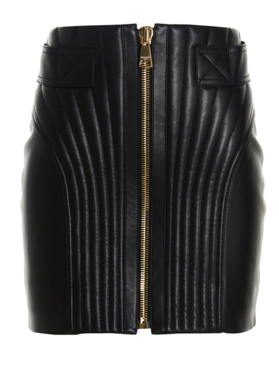Balmain Black Quilted-finish Leather Skirt