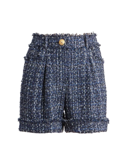 Balmain Cotton Blend Tweed Denim Mini Shorts In Blue