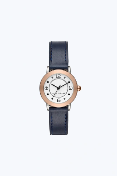 Marc Jacobs Riley Leather Strap Watch, 28mm In Blue/ White/ Rose Gold