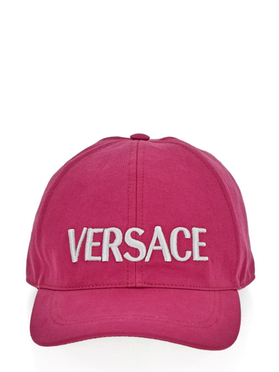 Versace Embroidered Logo Cap In White,fuchsia