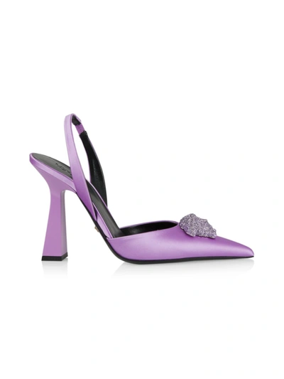 Versace Crystal Medusa Satin Slingback Pumps In Lilac | ModeSens