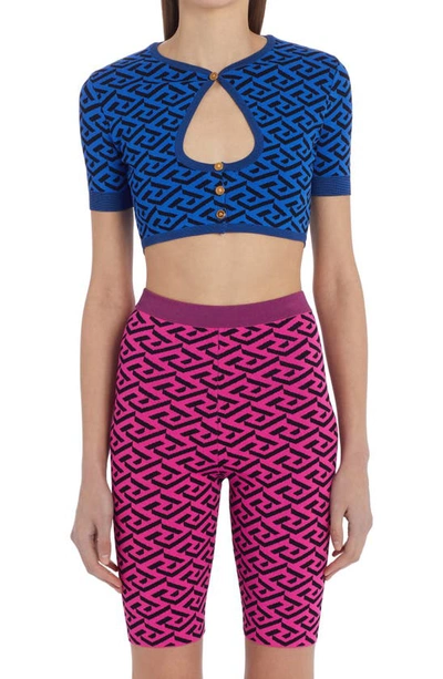 Versace All-over Logo Cut-out Detail Cropped Top In Blu