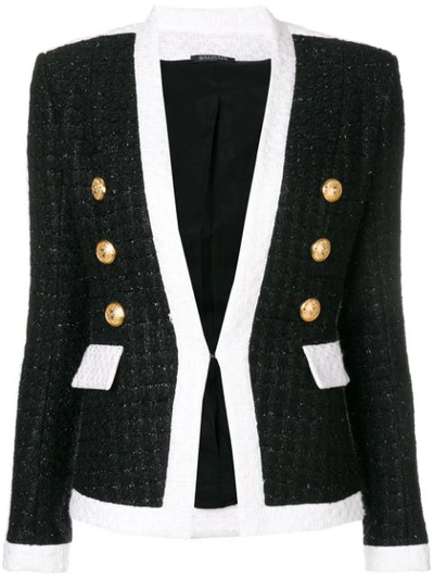 Balmain Lurex Tweed Blazer W/ Gold Buttons In Black And White