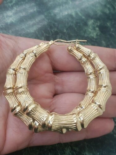 Pre-owned Love Jewels Inc Big Real 10k Gold Hoop Bamboo Earrings 2.25 Inches Long