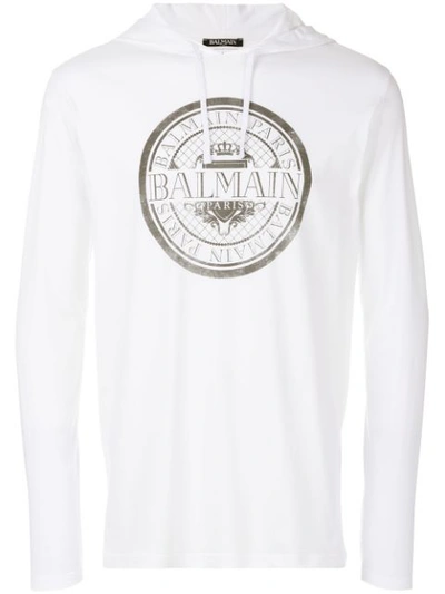 Balmain Logo-print Cotton-jersey Hooded Top In White