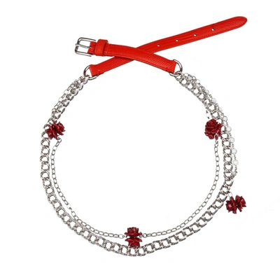 Pre-owned Dolce & Gabbana Rose Roses Leather Chain Belt For Dress Red Silver 09320