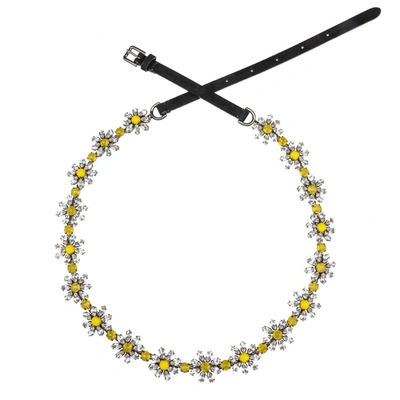 Pre-owned Dolce & Gabbana Crystal Daisy Flower Suede Chain Belt Silver Yellow Black 09307