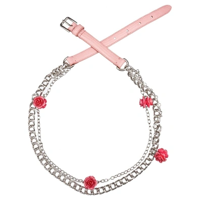 Pre-owned Dolce & Gabbana Roses Crystal Leather Chain Belt For Dress Pink Silver 09321