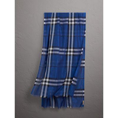 Burberry Metallic Check Silk And Wool Scarf In Bright Blue | ModeSens