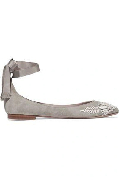 Aerin Woman Embroidered Suede Ballet Flats Light Gray