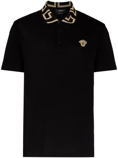 Versace Black Polo Shirt With Embroidered Medusa Head In Cotton Man
