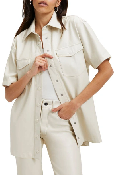 Good American Resort Faux Leather Short Sleeve Button-up Shirt In White