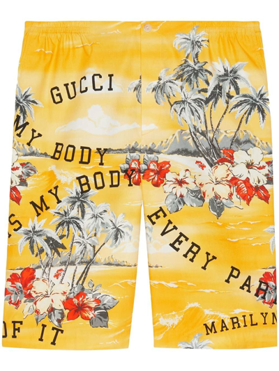 Gucci Cotton Poplin Shorts With Print In Yellow