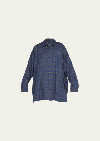Eskandar Wide Longer-back Shirt Jacket With Collar (long Length) In Navy