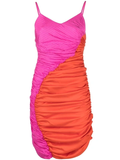 Ahluwalia Jade Two-tone Ruched Recycled-satin Jacquard Mini Dress In Orange