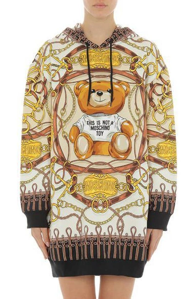 Moschino Teddy Bear Scarf Print Cotton Hooded Dress In Multicolour